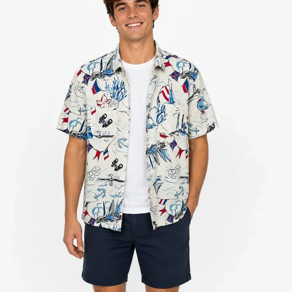 J. Crew camp-collar shirt Men XL Sailboat Nautical Print Short sleeve BH604